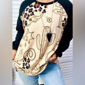 Western graphic black raglan sleeve top plus sized